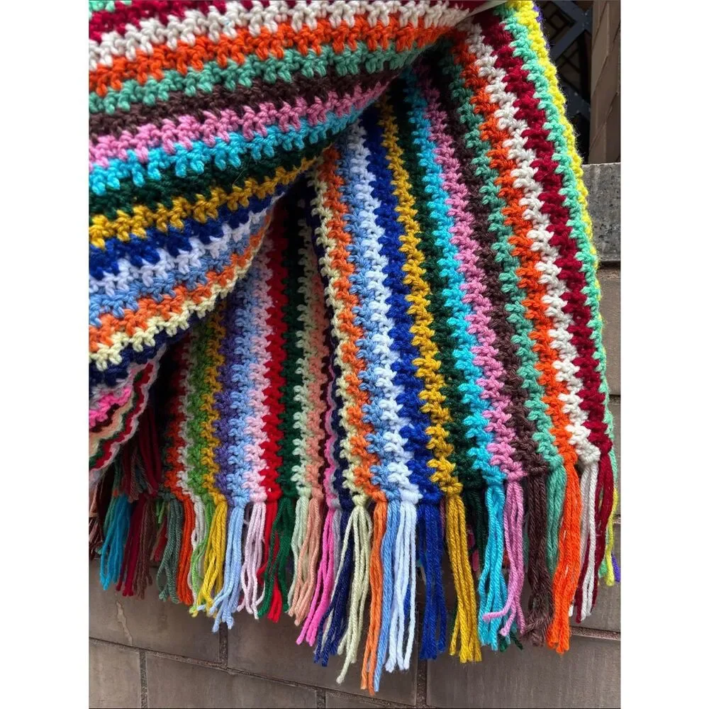 Vintage Handmade Afghan Multicolor Crochet Blanket with Fringe 62in x 37in